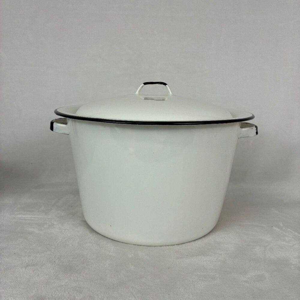 Vintage White Enamelware Stock Pot with Lid Black Rim Farmhouse Cottagecore